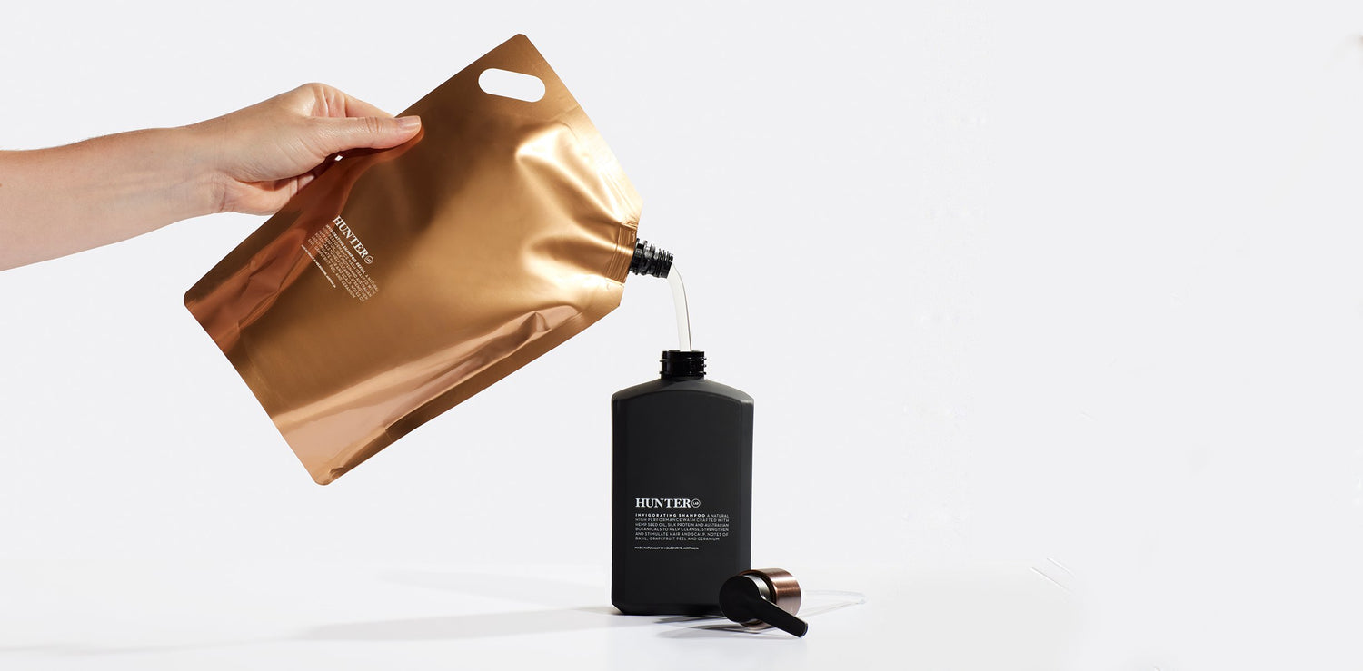 Hunter Lab refill range, including Hand & Body Wash, Hand & Body Lotion, Invigorating Shampoo and Pinot Grape Skin Bath Soak refills