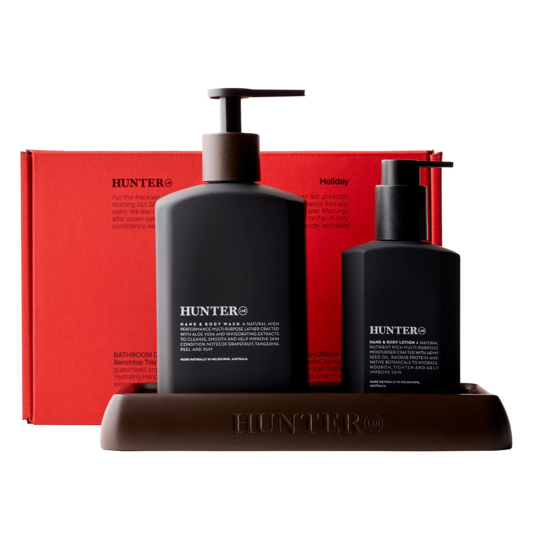 Hunter bath and body product set with two black bottles and a red box on a white background