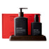 Hunter bath and body product set with two black bottles and a red box on a white background