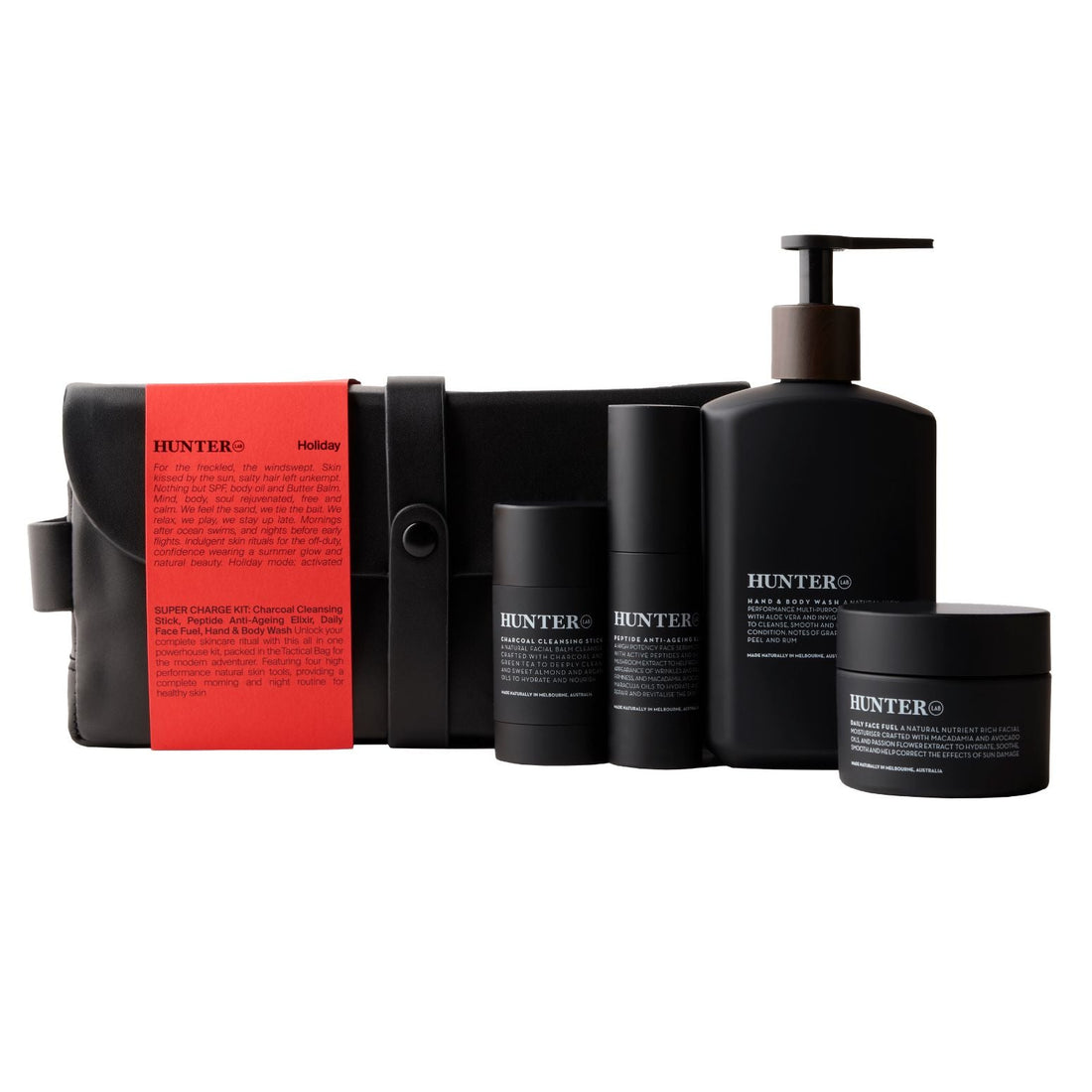 Set of black skincare products with a red label on a white background