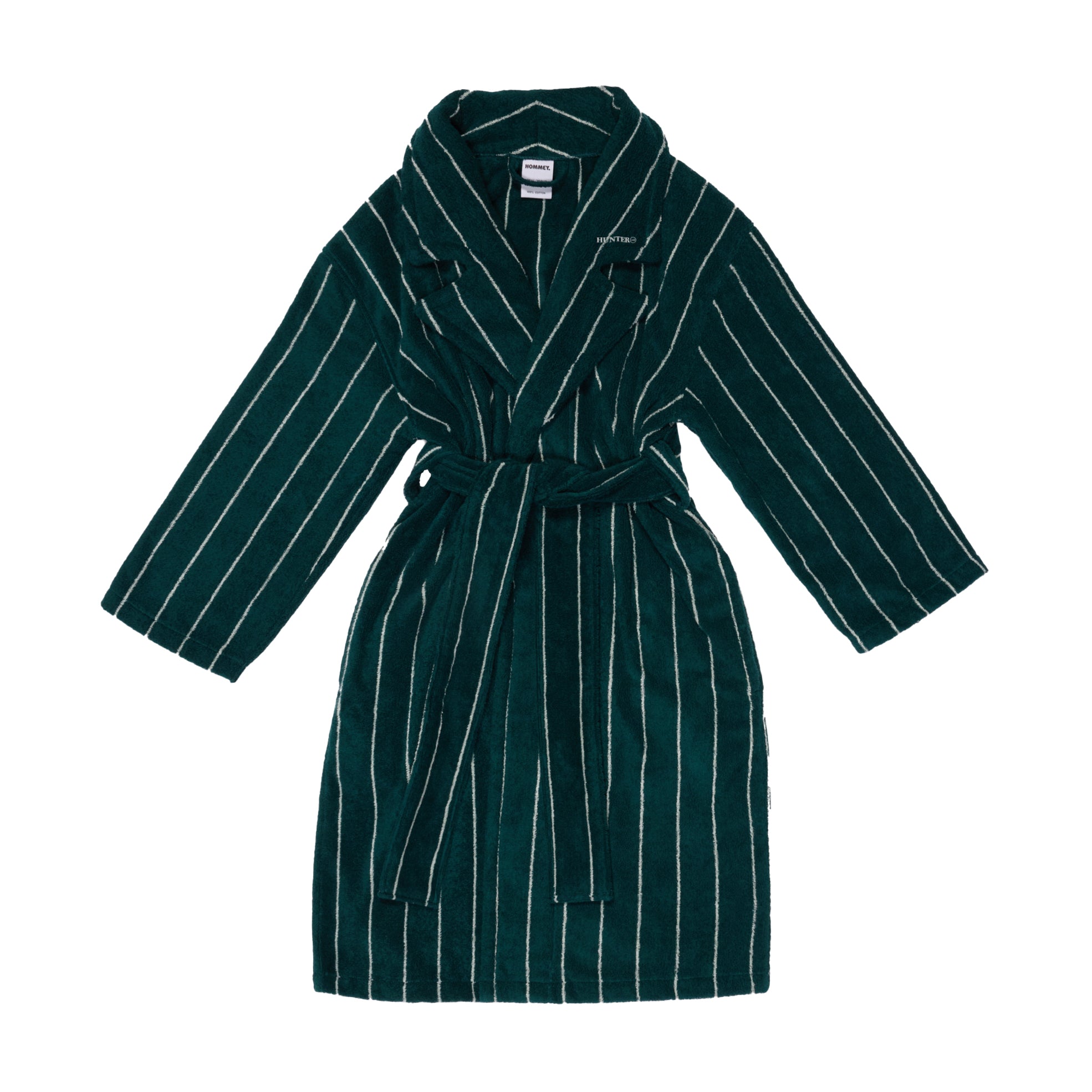 Green Hommey bathrobe with white stripes on a white background with Hunter Lab logo